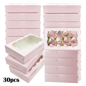 30PCS Cookie Boxes, 7x4.3x1.5 Inches Pink White Bakery Boxes with Window Cupcake Containers, Baking Supplies for Gift Giving, Treat, Dessert, Strawberries,Muffins