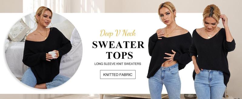 FMEYOA Casual Women's V Neck Long Sleeve Knit Loose Oversized Pullover Comfy Sweater Top