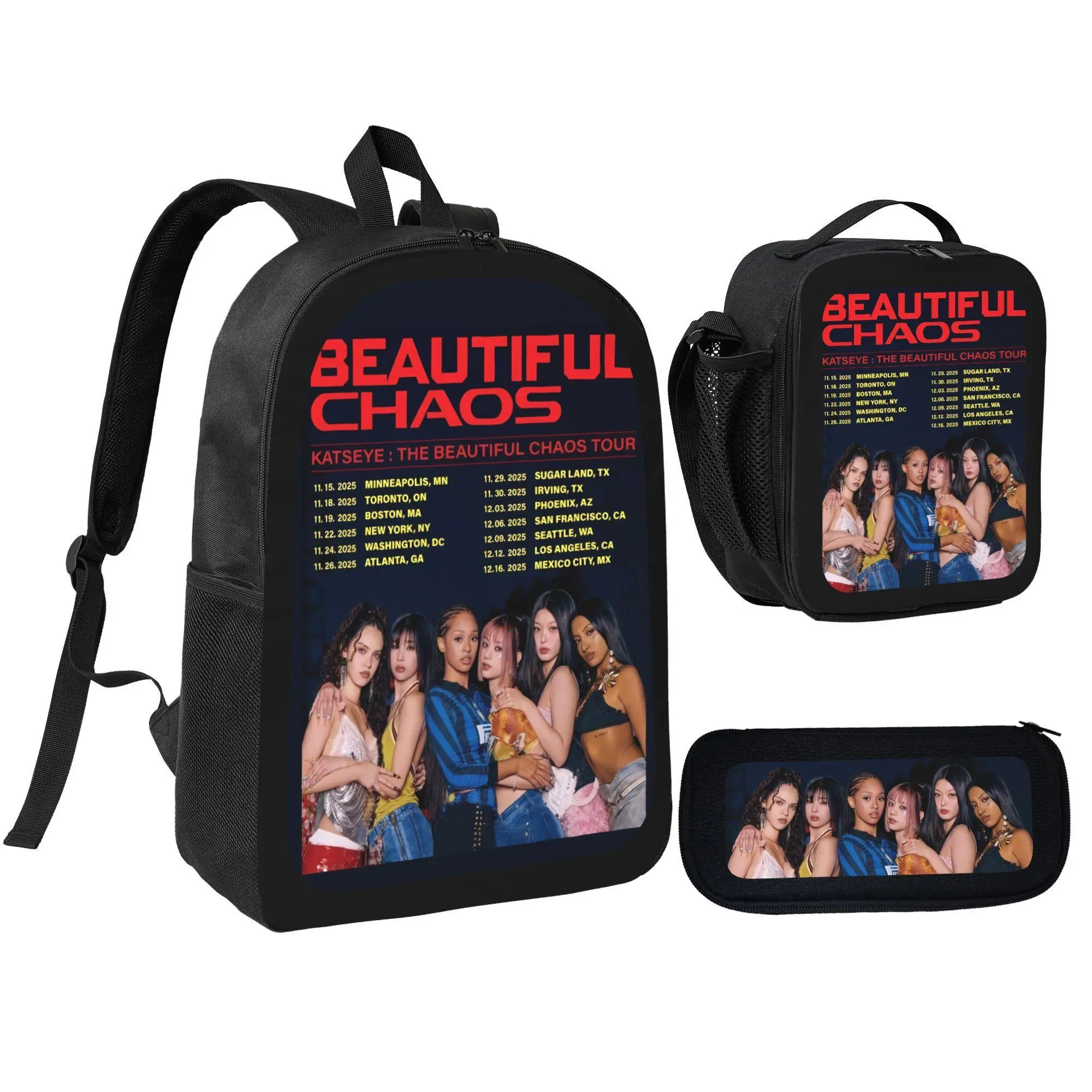 Unisex 3-Piece Multi-Function Black Printed Trendy Backpack Set - Tour-Design Bag for Music Lovers, Ideal for School-to-Concert Use & Campus Life, Back to School Essential