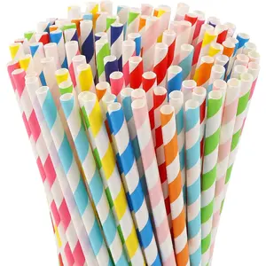 100 Pcs Biodegradable Paper Straws, Assorted Rainbow Colors Striped, 10 Colors for Drinks, Parties, Crafts