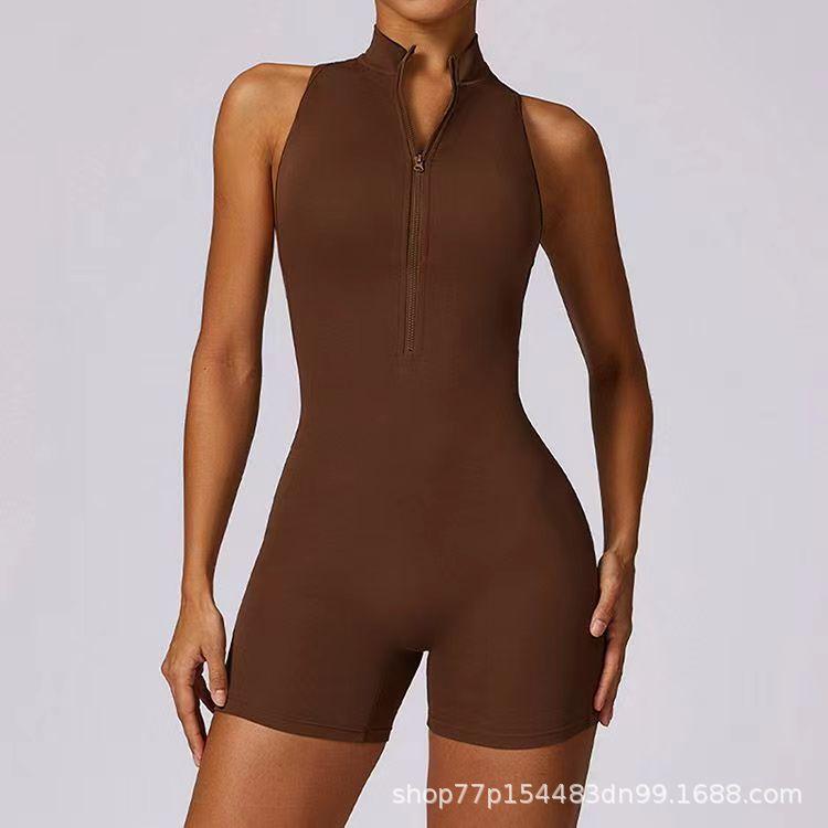 Popular cross-border European and American high-elasticity sports fitness zippered jumpsuit, naked-feel tight-fitting one-piece yoga outfit