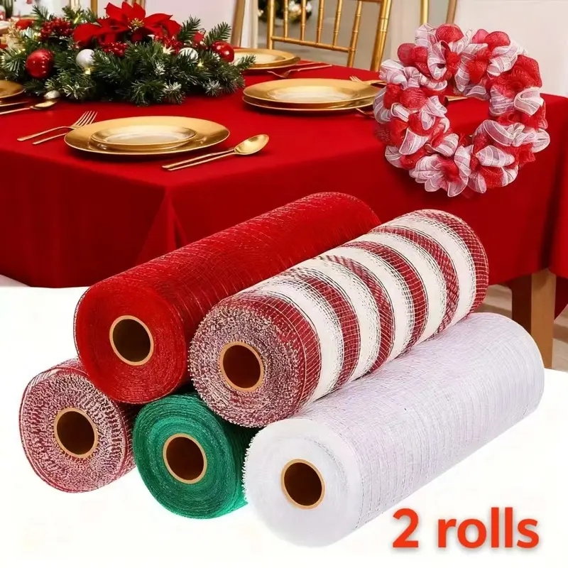 2 rolls of decorative mesh tape roll 10 inches 10 yards (30 feet) metal mesh fabric with foil decorative mesh tape, suitable for garlands, Christmas DIY crafts, Halloween decorations, wedding party supplies.
