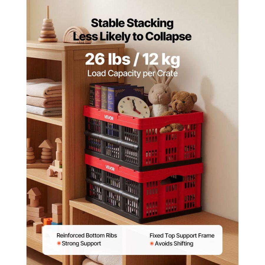 VEVOR Plastic Collapsible Storage Bins, 32L 3 Packs, Stackable Folding Storage Crates with Handles, Holds 26 lbs Per Bin, Foldable Heavy Duty Containers, Space-Saving Baskets, for Home Organizing