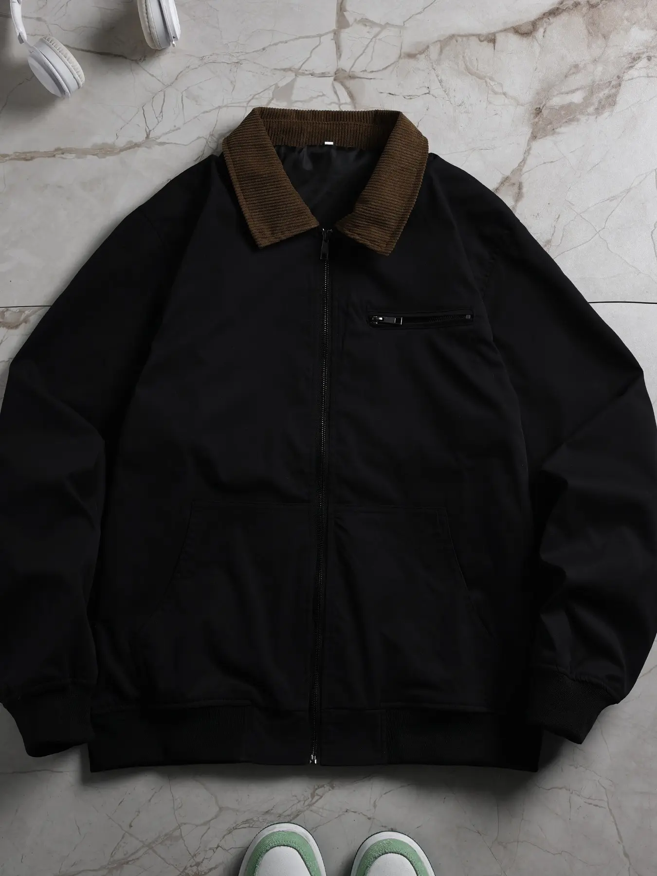 Men's Vintage Corduroy Notch Lapel Work Jacket, Spring Fall Casual Zip Baseball Collar Outerwear, American Loose Commute Top