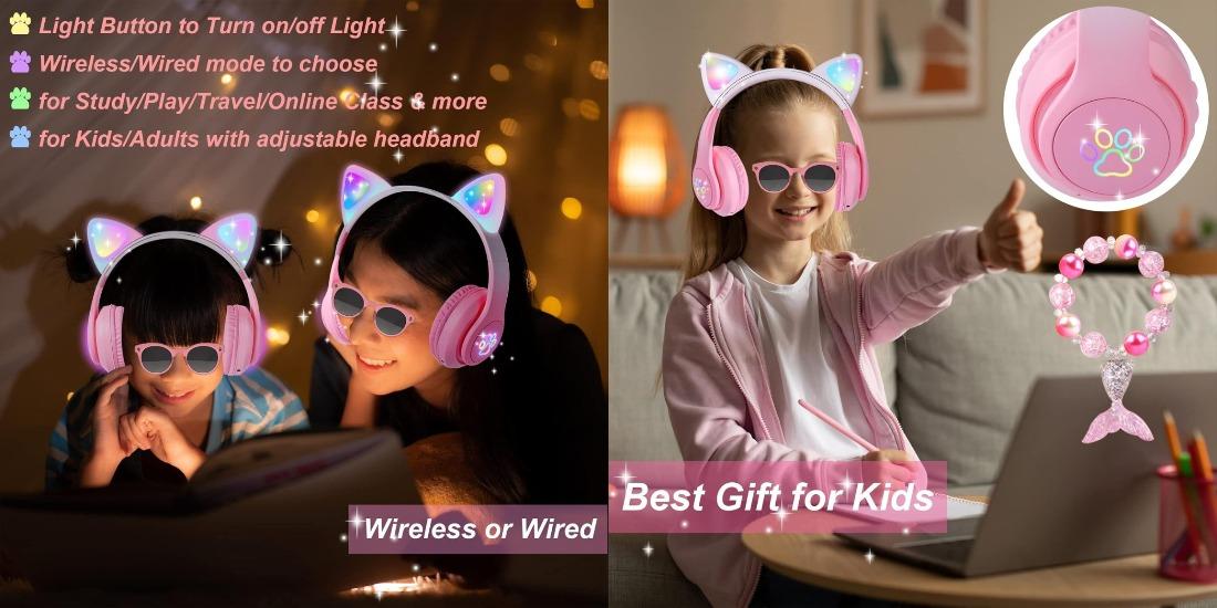 MELLOW MORNINGS P-HPS013   Cat Ear Kids Headphones Bluetooth, LED Light up Wireless/Wired Mode Over Ear Headphones with Build in Microphone for School/Travel (Purple)
