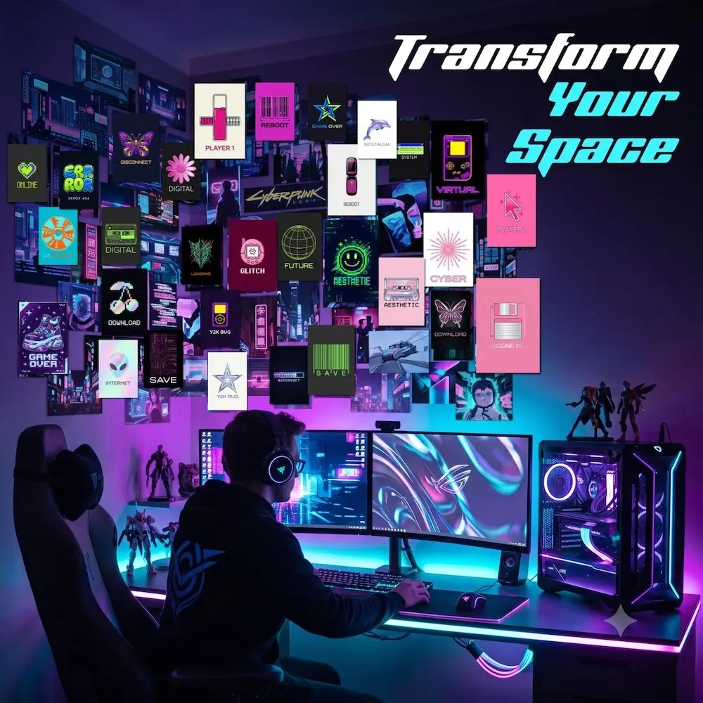 ✨Cyber Y2K Vibes✨ Aesthetic Wall Collage Kit 50 Pcs 4x6 High Glossy Photo Prints Neon Pixel Cyberpunk Room Decor