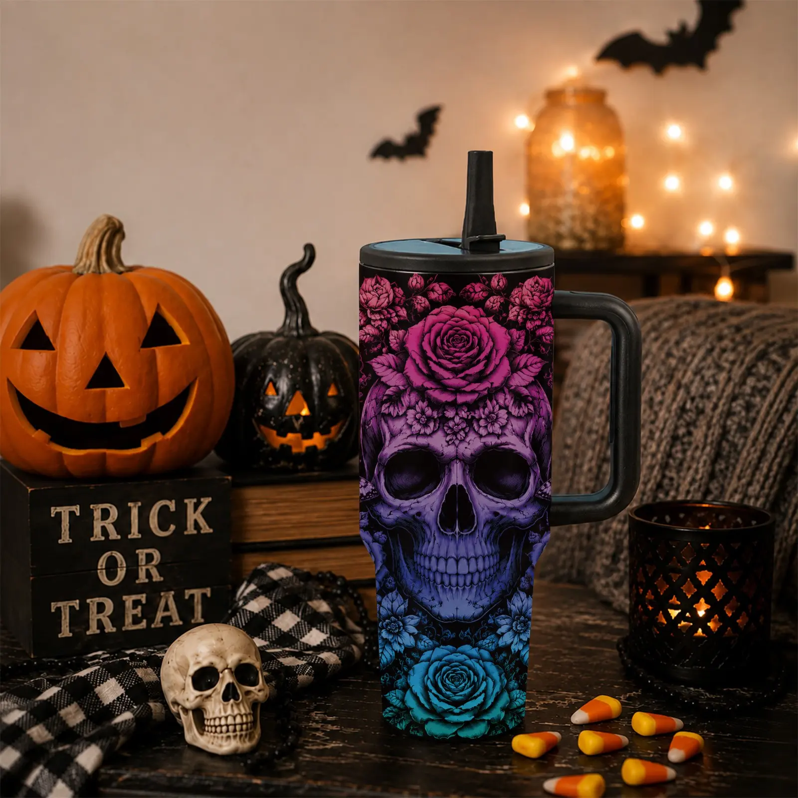 1PC Dark Butterfly Skull Tumbler 40oz, Gothic Rose Skull Water Bottle with Handle, Stainless Steel Insulated Cup, Halloween Aesthetic Drinkware, Spooky Floral Skull Design, Reusable Travel Mug for Women, Goth Lovers, Birthday Gift & Holiday Present