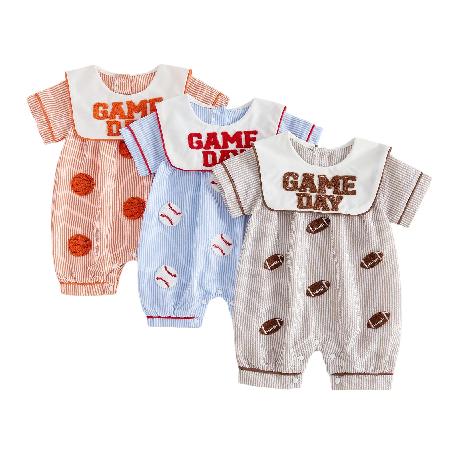 Infant Baby Boys Summer Striped Romper Soccer/Baseball/Rugby Embroidery Doll Collar Short Sleeve Jumpsuit 0-18 Months
