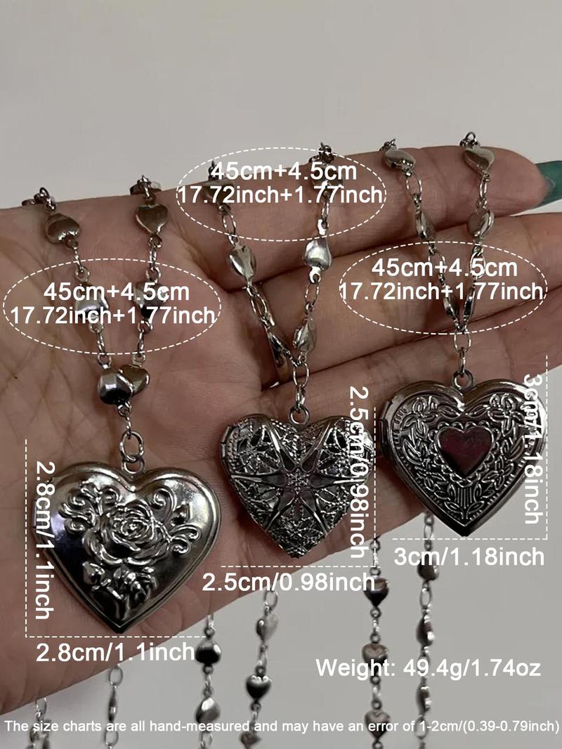 Y2K Style Stainless Steel Heart Pendant Fashion Necklace Set, DIY Photo Box Design, Trendy Party Jewelry for Women, All Season Wear