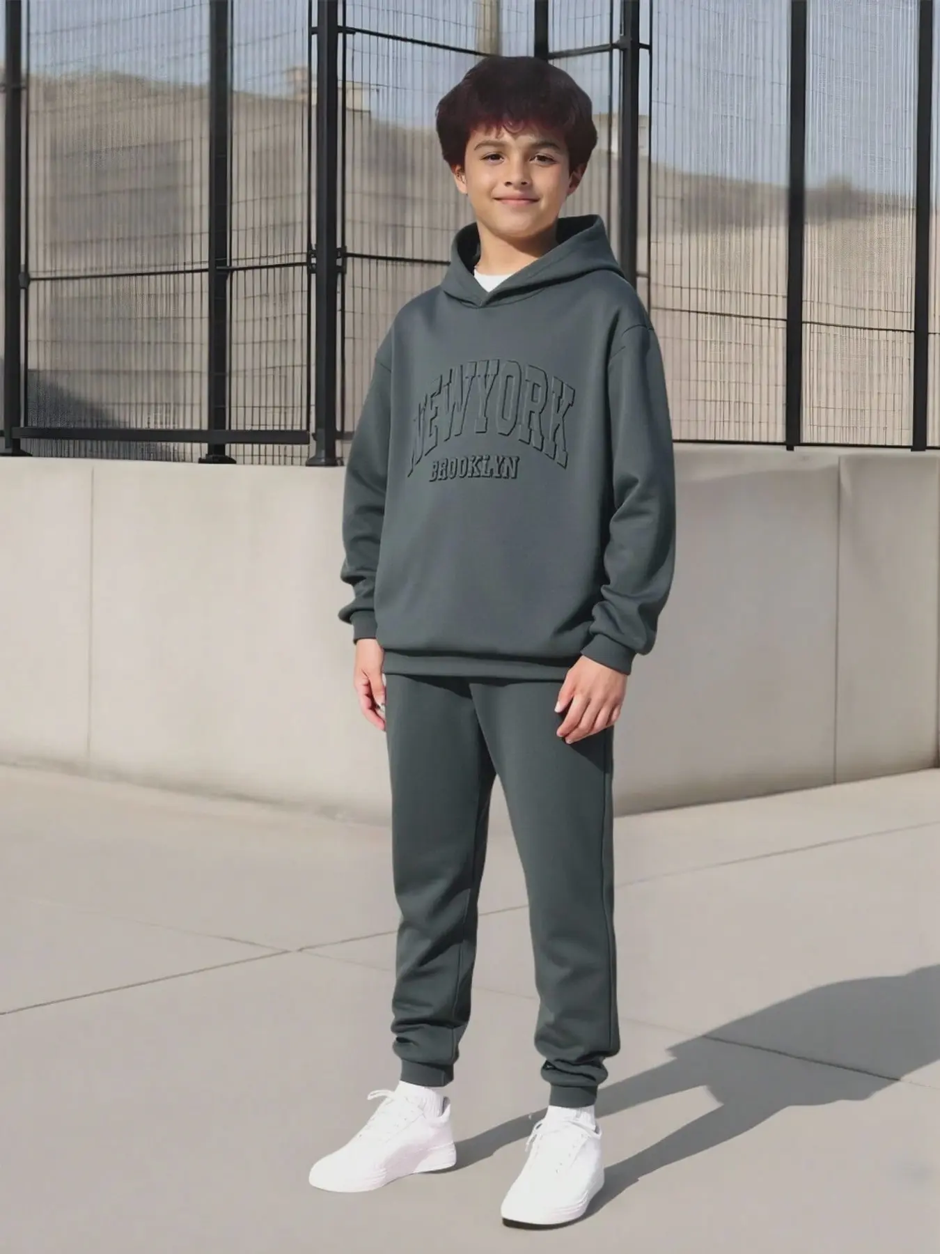 Boys' Casual Hooded Sweatshirt and Long Pants Set, Simple Solid Color with Letter Print, Stylish Fashion for All Seasons