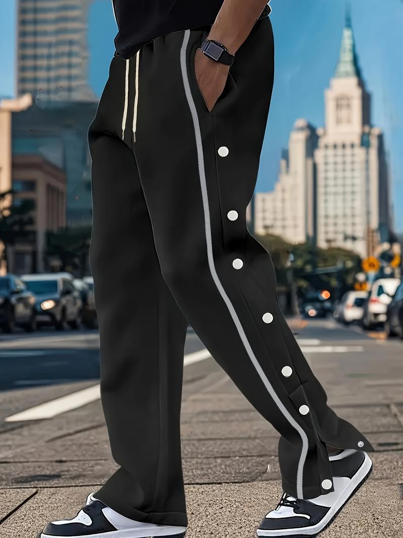 Men's Casual Polyester Pants, Solid Color, Side Stripes and Button Details, Regular Fit, Drawstring, Suitable for All Seasons, Comfortable and Fashionable for Adults