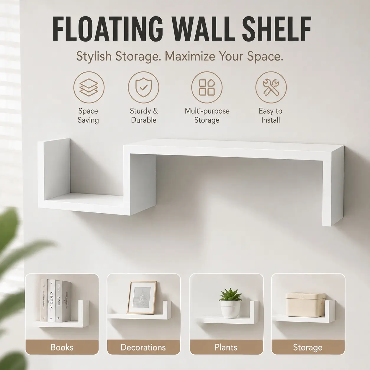 Minimalist S-shaped Wall Mounted Shelf, Wall Hanging Storage Rack, Decor Display Shelf for Living Room & Bedroom, Multi-layer Book & Ornament Rack, Space-saving Household Wall Shelf, Hanging Organizer Rack
