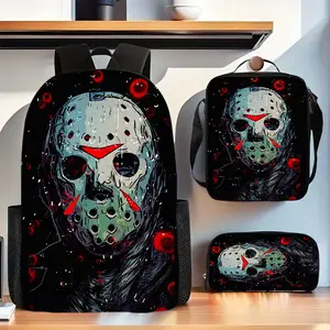 3pcs Horror Jason Mask Style Backpack Set with Adjustable Shoulder Straps, Polyester Lining, Zip Closure, Hand Wash, Suitable for Ages 16+ - with Applique and Print Details for Travel.
