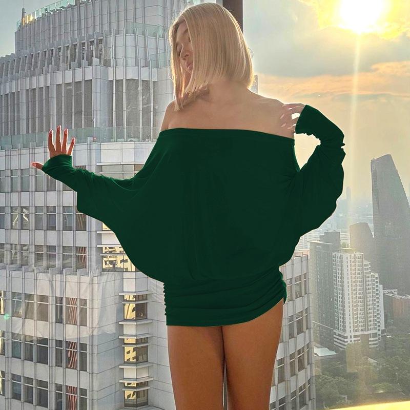 European and American style women's clothing 2025 spring new sexy pure desire wind one-word collar pull pleated tight hip wrap dress