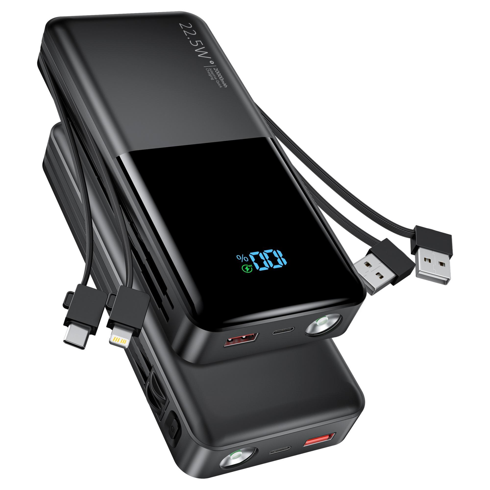 Portable Charger, 20000mAh SCP 22.5W & PD20W Fast Charging Phone Charger, Built-in Detachable USB-C & iOS Output Cable, Power Bank for iPhone Android Samsung