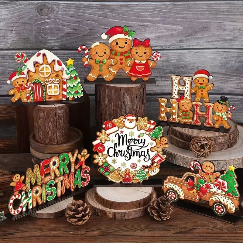 6-Piece Christmas Table Decor Set: Rustic and Adorable Gingerbread Man Wooden Signs, Charming Candy Car Christmas Decorations, Layered Flat Decor for Office and Home