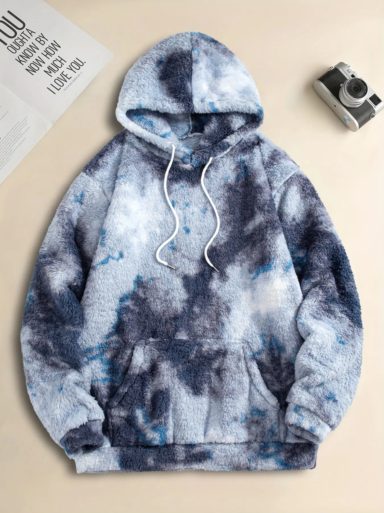 Men Tie Dye Fluffy Fleece Hoodie, Drawstring Long Sleeve Sweatshirt, Soft Warm Casual Streetwear, Winter Home Outdoor Daily Fashion Pullover