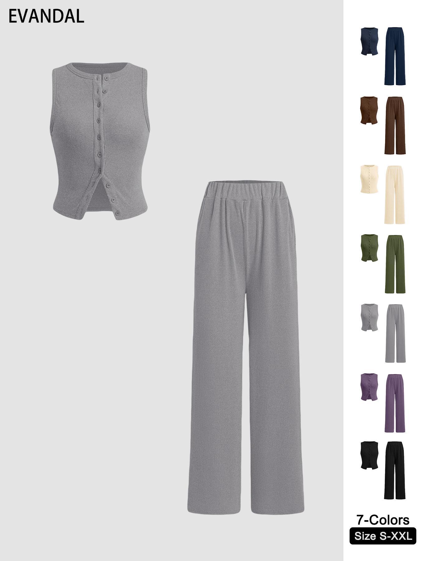 Women's Basic Fitted Solid Ribbed Button Tank Top & Straight Leg Pants Two-piece Set, Casual Sleeveless Top & Trousers for Daily Wear, Ladies Two-piece Outfits for All Seasons, Clothes,Airport Outfit