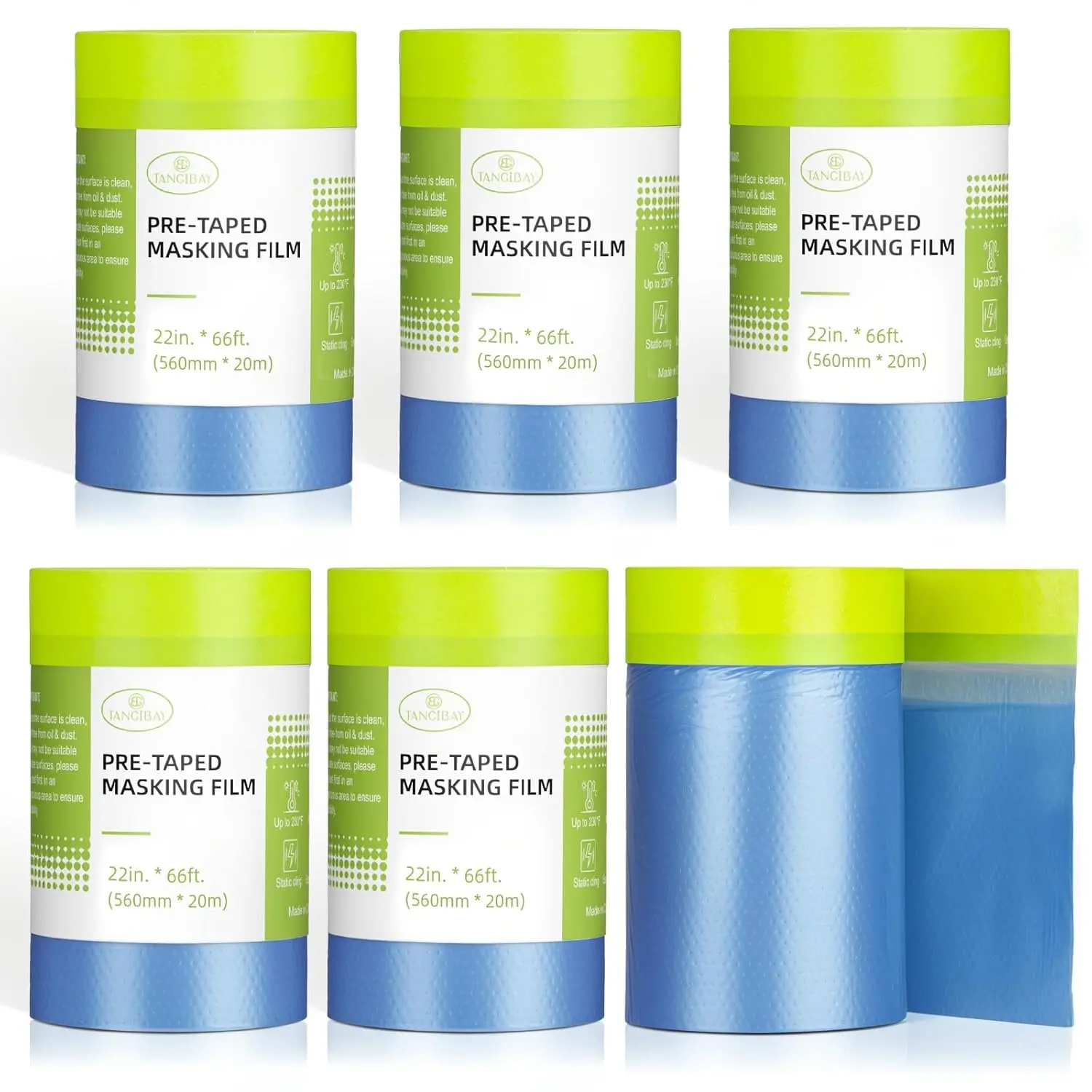 Pre-Taped Masking Film for Painting - 22" x 66' Painters Sheeting with Automotive Tape and Drape for Covering Cars,, Windows and Furniture Protection (6 Rolls)