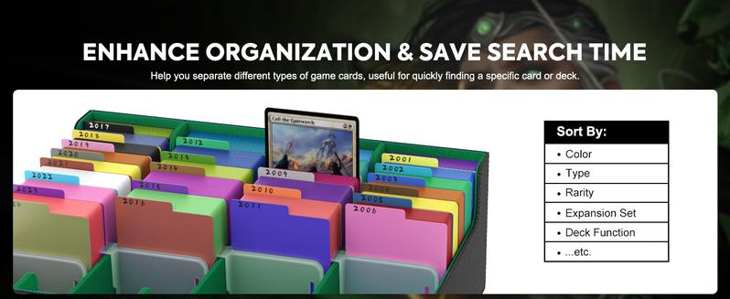 MoKo Trading Card Storage Box, 3000+ MTG Deck Box with 24 Colorful Dividers & 4 Card Supporters, Commander Card Deck Case Fits for Magic Game Cards, YugiOh, TCG, PTG and Sport Cards, Green