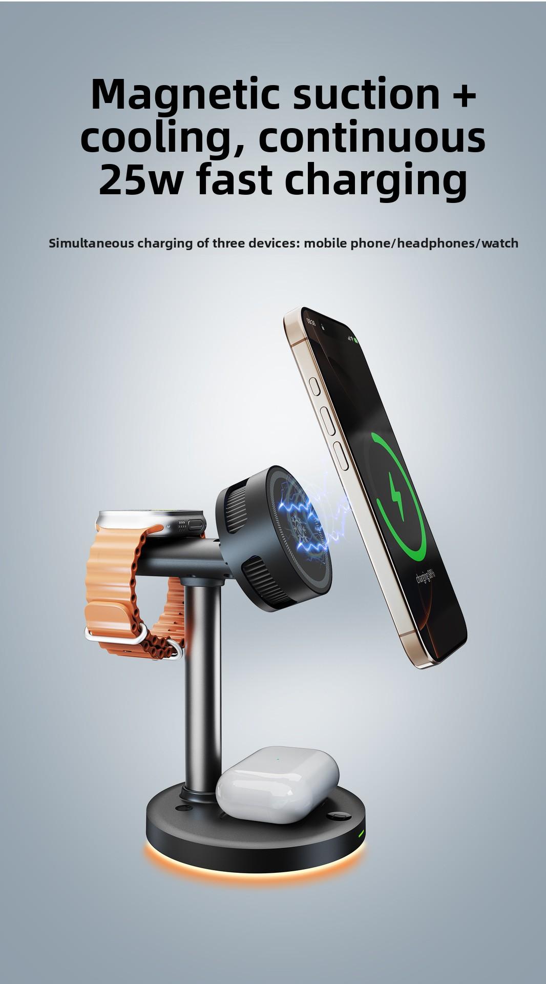 3 in 1 Wireless Charging Station, MagSafe Charger Stand Compatible, Qi2 25W Certified Palm-Sized Foldable Charger for iPhone 17/16, Apple Watch, AirPods (Non-Battery, Adapter Included)