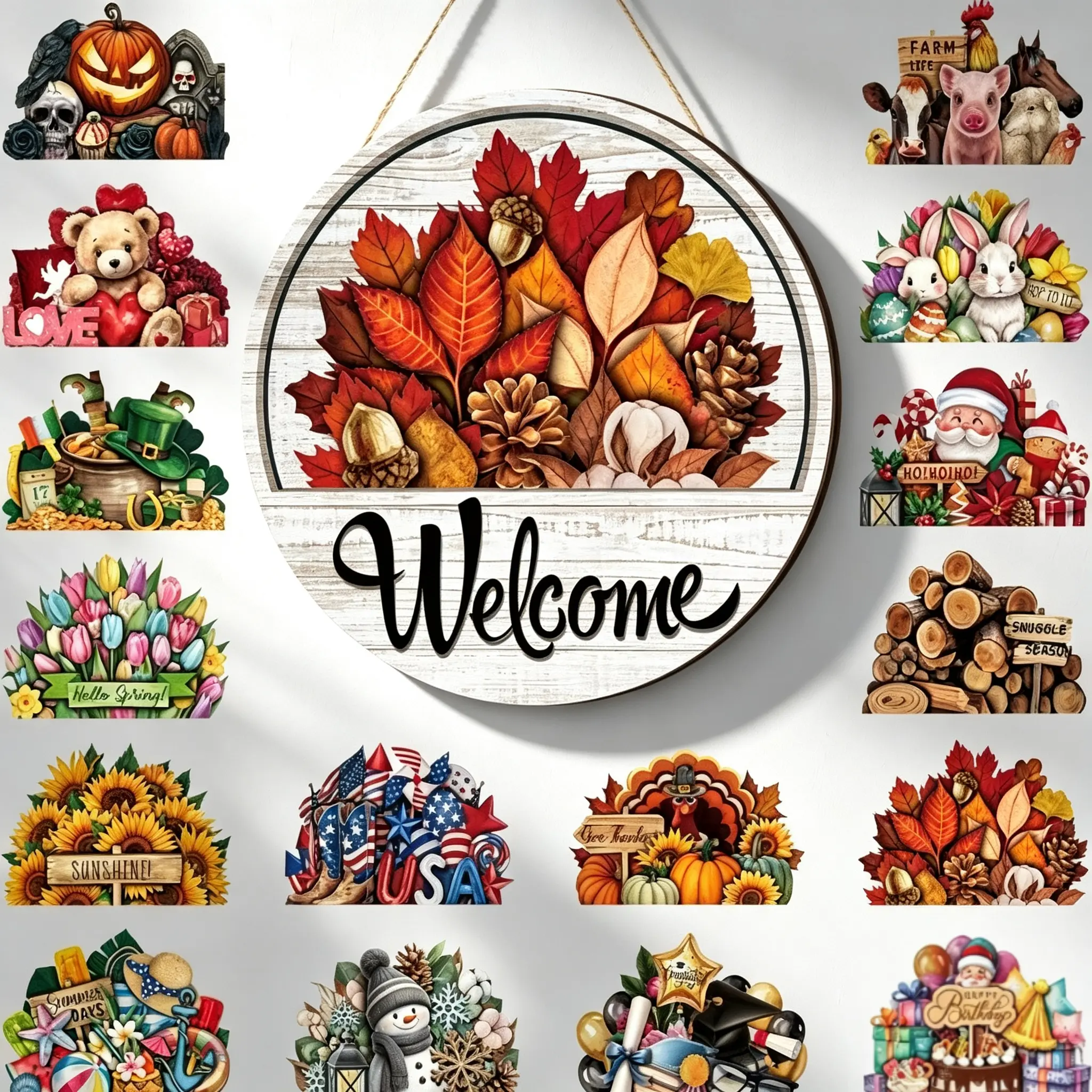 16 Welcome Door Signs, Interchangeable Front Door Decorations, Rustic Autumn Seasonal Hanging Signs For Halloween And Christmas