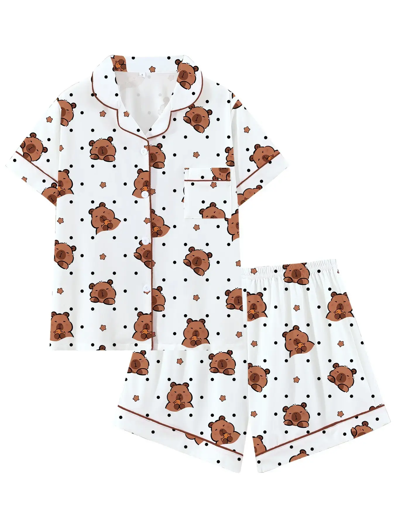 Adorable Capybara Animal Print Pajama Set Pyjamas, Casual Pajama Set, Cute Turn-Down Collar Short Sleeve Sleepwear Loungewear, Comfortable for Sleeping, Vacation, and Outdoor Wear