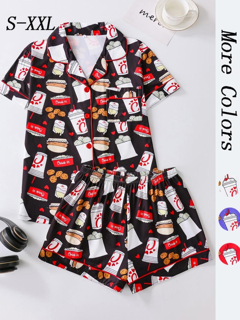 Women's All Over Print Button Front Shirt & Shorts Pyjama Set, Comfort Two-piece Pj Set for Homewear, Women's Sleepwear for All Seasons, Pajama Set