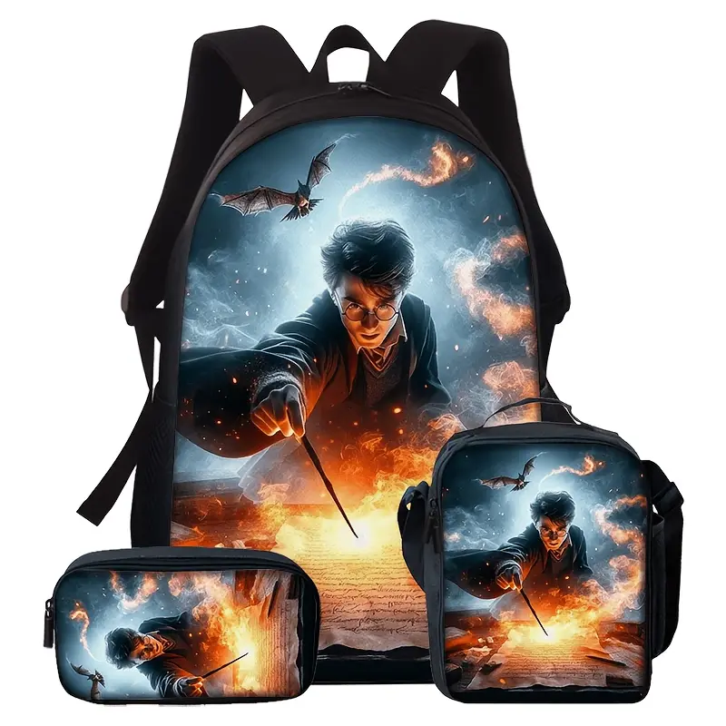 Kids' 3-Piece Oxford Cloth Backpack Set Pack - Waterproof, Durable, Lightweight Back to School Bags with Zipper, Dark Smoky Wizard Wand, Fire Spell, Bat, Vintage Scroll Wizard Art & Lunch Box