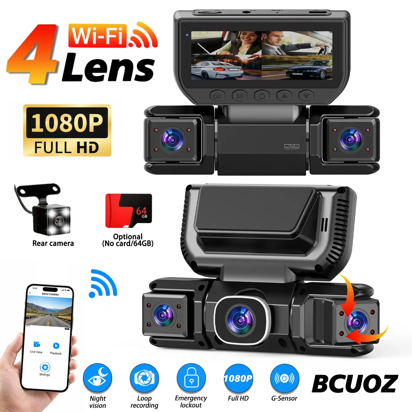 1080P HD Four-Channel Car Dvr with WiFi, Night Vision, Emergency Lock, Free Memory Card Included, Multi-Functional Driving Recorder, Dashcams For Cars, Driving Camera, Automotive Driving Recorder