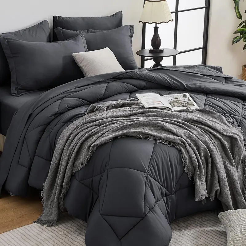 HEVUMYI 7-Piece Queen Size Comforter Set - Dark Grey All-Season Reversible Bedding, Weightless Humidity-Balanced Ultra-Soft, Box-Stitched Stays Plush Longer, W/Flat Sheet,Fitted Sheet,Pillowcases,Pillow Shams (Gray Bedding Sets Collections)