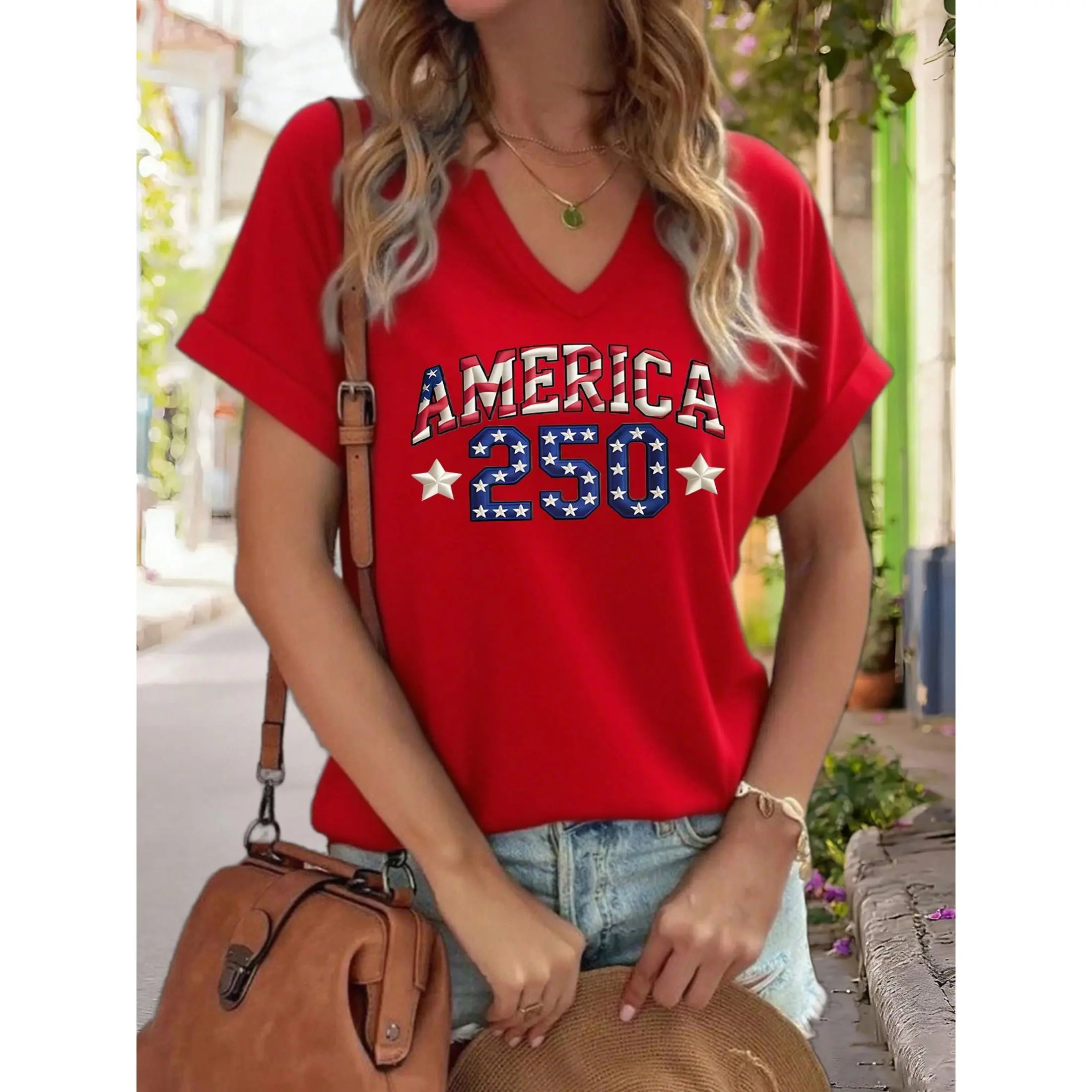 Women's V-Neck T-Shirt, Casual Polyester Top with America 250 Star Graphic, Short Sleeve Loose-Fitting for Independence Day, Tops, All Over Print, Machine Washable, Normal Type, Shortsleeve, Tshirt, Fabric, Daily Wear