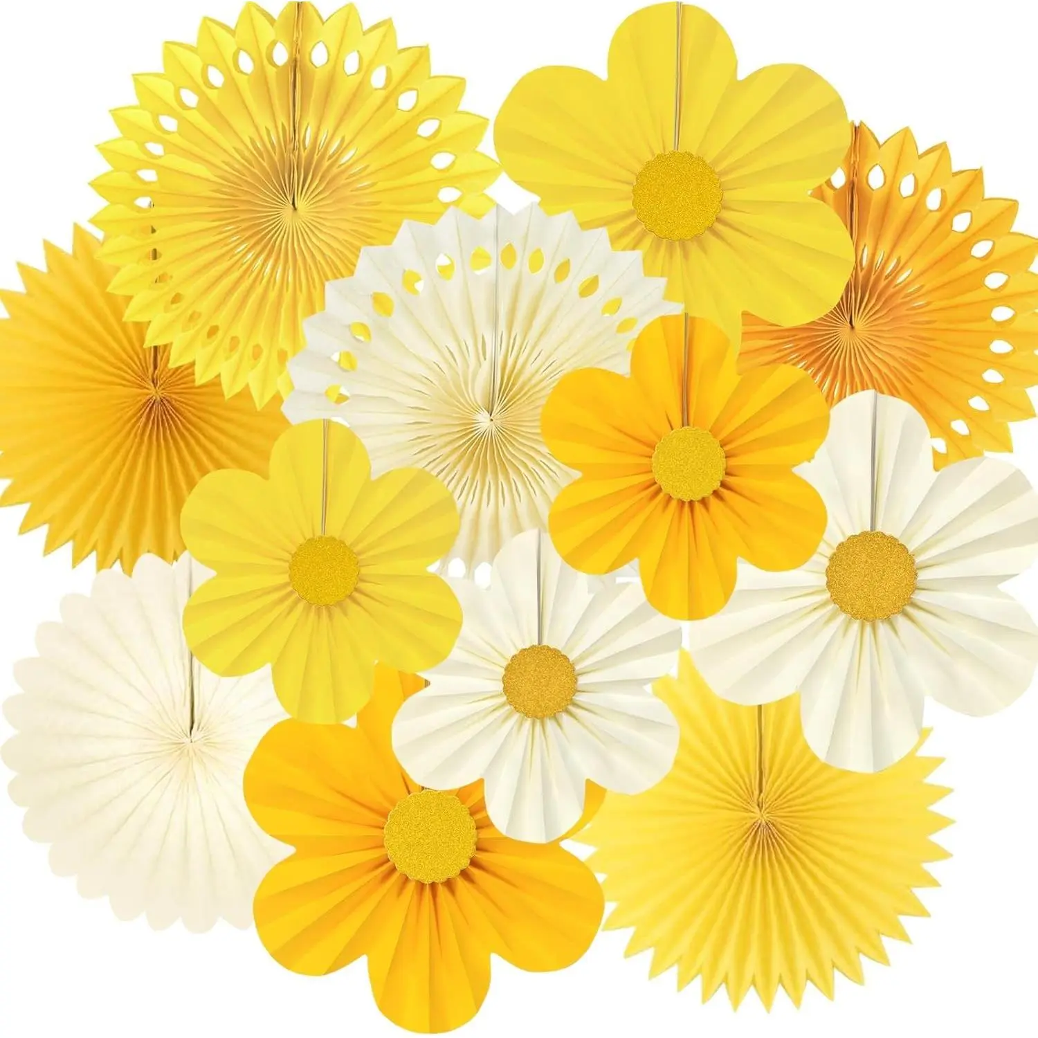 Yellow Party Decorations, 12PCS Paper Fans Flower Wall Backdrop for Sunflower Theme Birthday, Summer Lemon Party, Weddings, Baby Showers, Nursery Classroom Ceiling Supplies