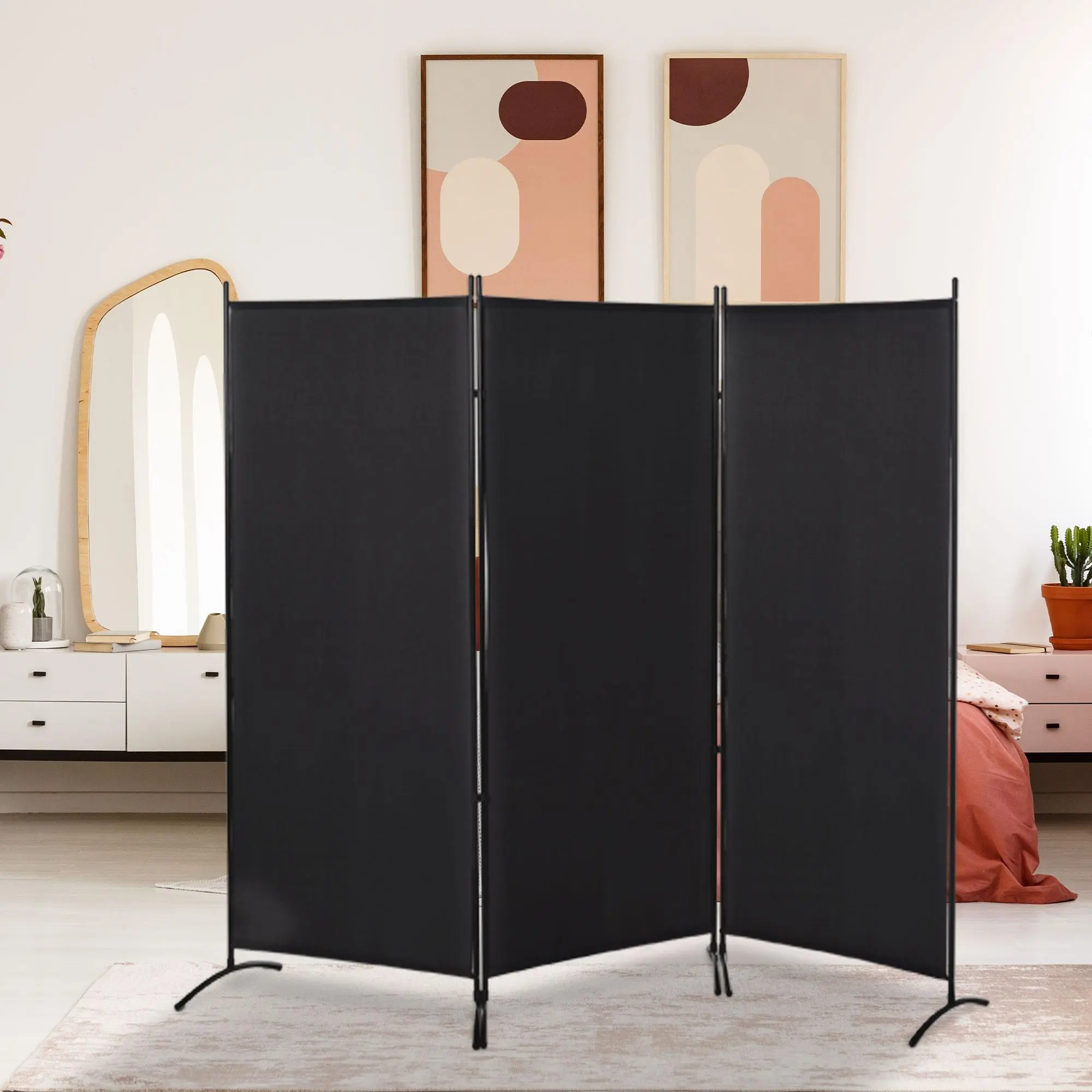 6FT 3 Panel Room Divider, Folding Privacy Screen for Indoor Home, Freestanding Decorative Partition Wall for Bedroom, Living Room, Office & Studio, Space Saving Room Divider Panel, Portable Folding Screen for Privacy, Black