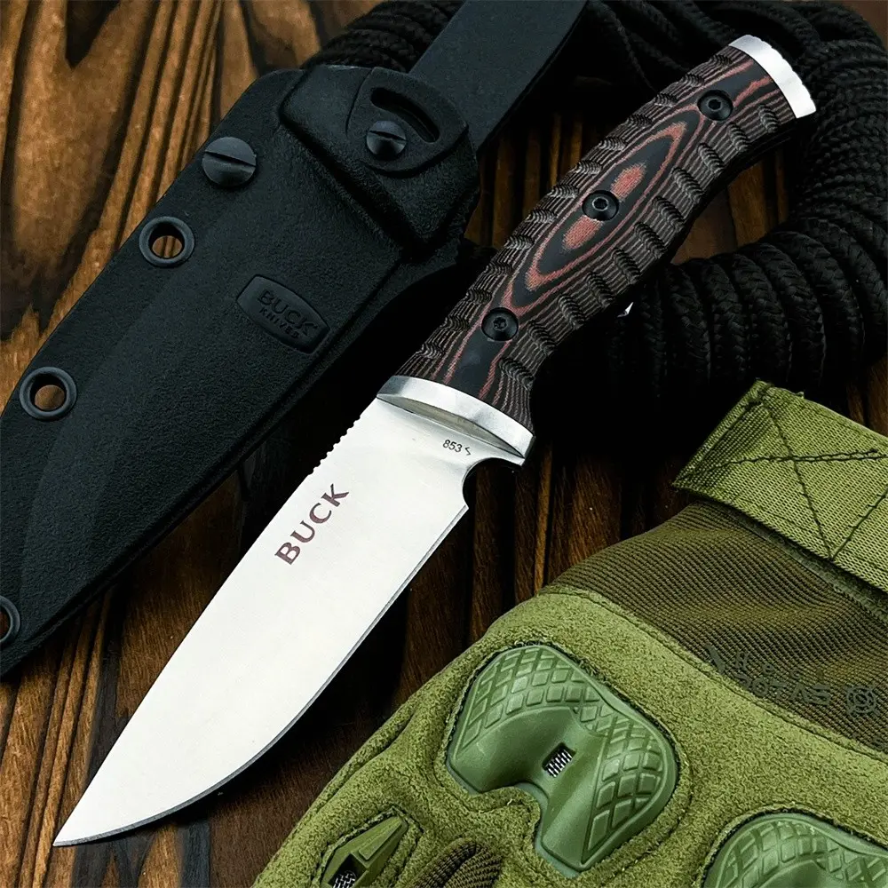 Outdoor utility fixed knife with sheath, D2 steel blade, G10 handle. A tough and durable outdoor camping knife, high-quality tool for picnics, hiking, and fishing.