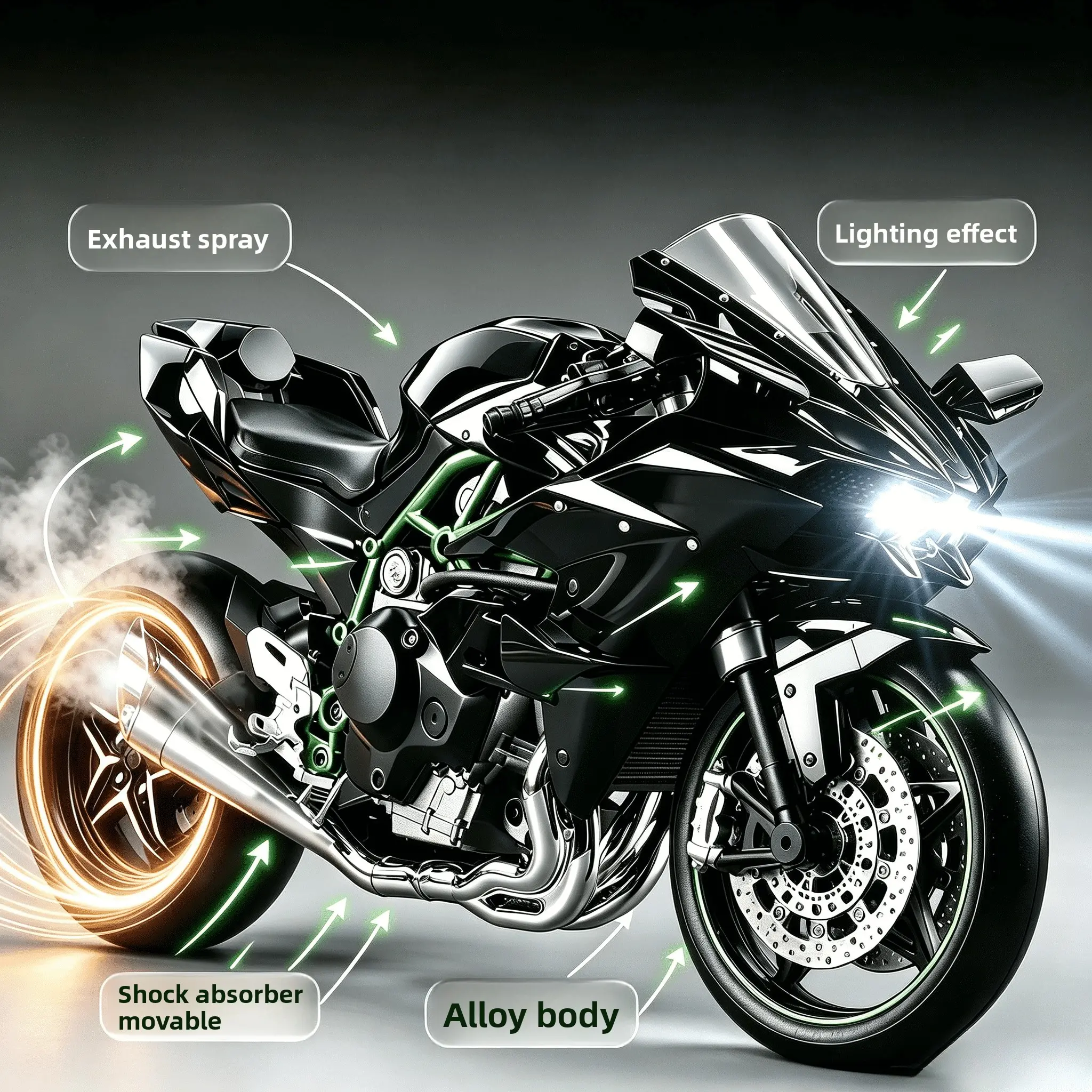 Kawasaki Ninja H2r Diecast Motorcycle Model, Key Ignition, LED Light, Sound, Shock Absorption, Steerable Wheel, Collectible Gift
