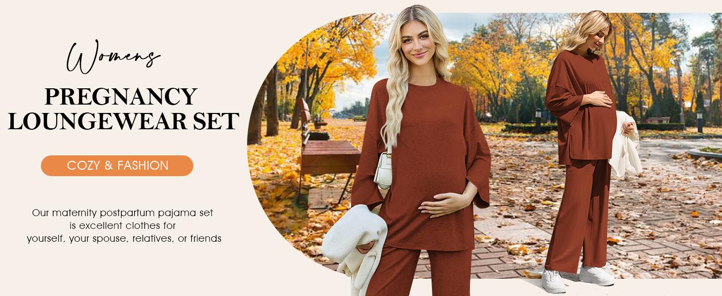 Danedvi Womens Maternity Pajamas Sets 2 Piece Outfits Long Sleeve Tops and Pregnancy Loungewear Mama Clothes with Pockets Plus Size