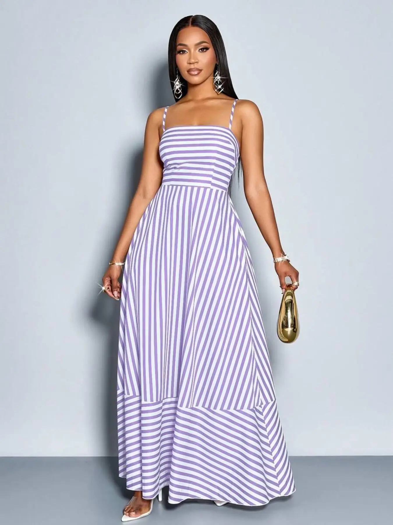 Women's Flowy Striped Long Dress with Straps, Spaghetti Strap, Pockets, Chest Ruching, Perfect for Summer, Vacation, Beach, Commute, Casual Wear, Casual Beach Sundress, Elegant Floral Pattern