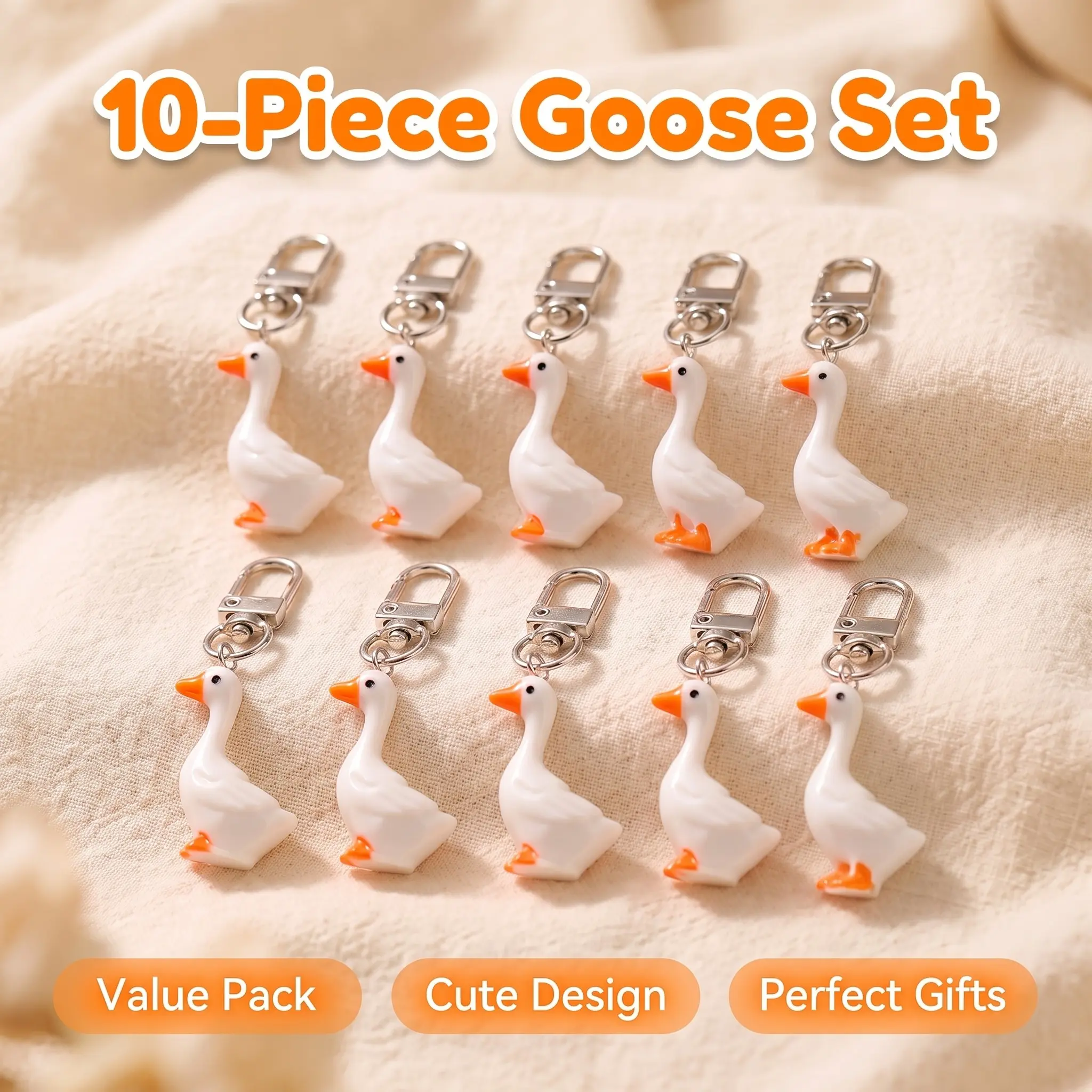 10 Pcs Goose Keychain Set for Backpack Keys, Cute Value Pack Gift for Friends, Aesthetic Bag Accessories, Retro Style Decor