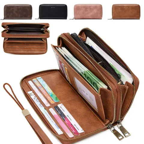 Women's Vintage Large Capacity Double Zipper Wallet, RFID Blocking, Zipper Closure, Cash Pocket & Coin Pocket, Credit Card Organizer, Multi-functional Wristlet Purse Fits Phone, Great Gift for Men, Perfect Thanksgiving Gift & Christmas Gift
