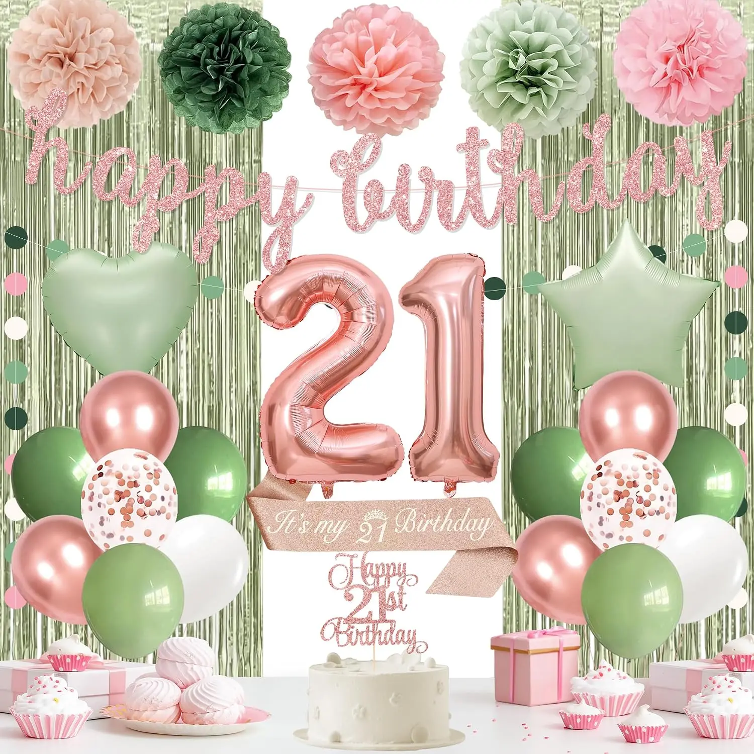 Holkcog 21st Birthday Decorations for Women, Green Pink 21st Bday Banner| Sage Green and Blush Pink Decor 21 Year Old Girls Party Banner, Cake Top, Number 21 Foil Balloon, and 21st Party Supplies Set