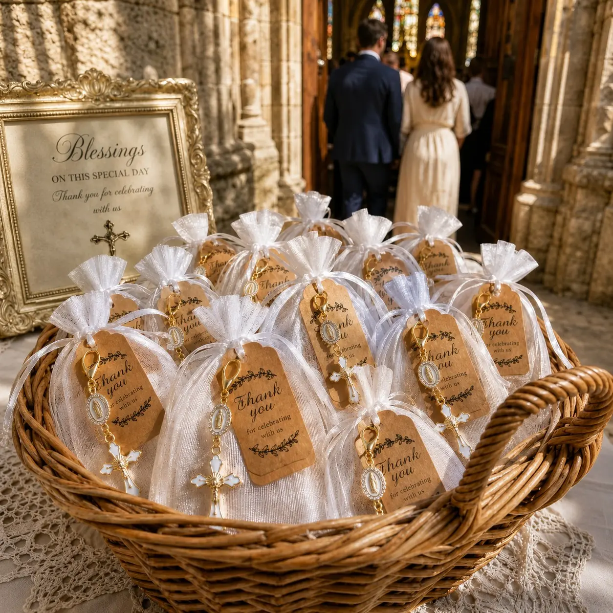 10/20 Sets Baptism and Christening Favors for Guests, Gold Cross Keychains with Religious Medal, White Organza Gift Bags and Kraft Thank You Cards, First Holy Communion, Confirmation, Baby Shower, Church Celebration and Christian Keepsakes