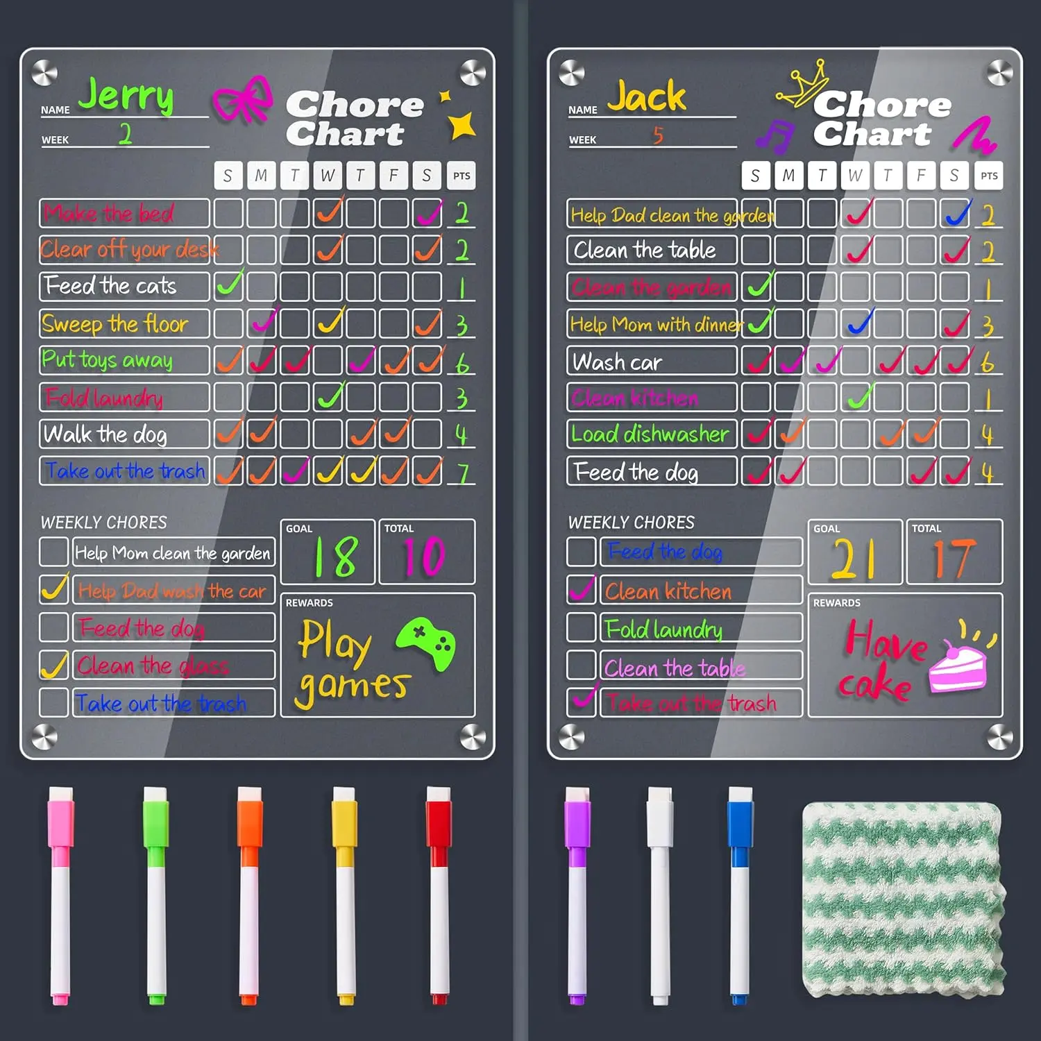 2 Pack   Chore Chart for  & Adults  Fridge | 12"x8" Erasable Chore &  Board for  & Teens - Includes 8 Markers & 1 Towel, Transparent Erasable Checklist, White