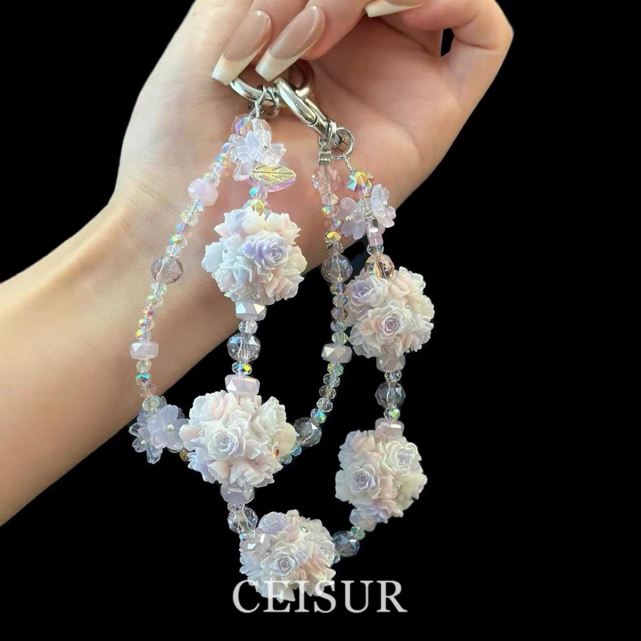 Mobile phone lanyard, luminous color-changing flower ball strap, bag crystal pendant, personalized and stylish car accessory