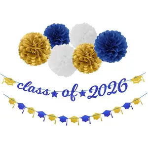 Navy Blue White Gold Graduation Party Decorations 8pcs Kit Class of 2026 Banner Cap Garland Streamers Paper Tissue Pom Poms Flowers Congratulations Grad Decor Lasting Surprise