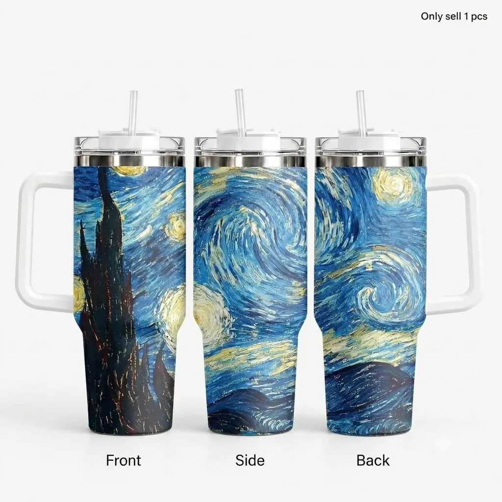 GuLuBoo Van Gogh Starry Night Vacuum Flasks 40oz Stainless Steel Insulated Tumbler, Leak-proof Travel Mug with Straw, Portable Water Bottles Keeps Drinks Cold or Hot All Day for Coffee, Gym & Office, Creative Drinkware Cup Ideal Holiday Gift