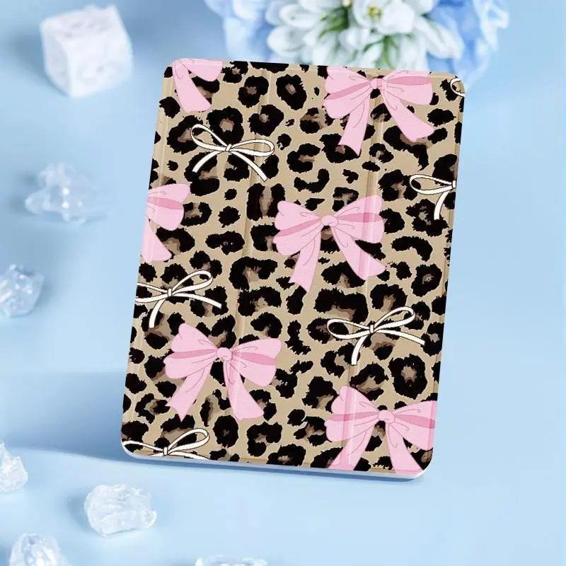 Cute bow and leopard pattern, with adjustable bracket and pen slot, foldable non-slip TPU protective case, suitable for iPad mini, iPad Air, iPad Pro/iPad 10th generation, 11th generation and other series iPad protective cases