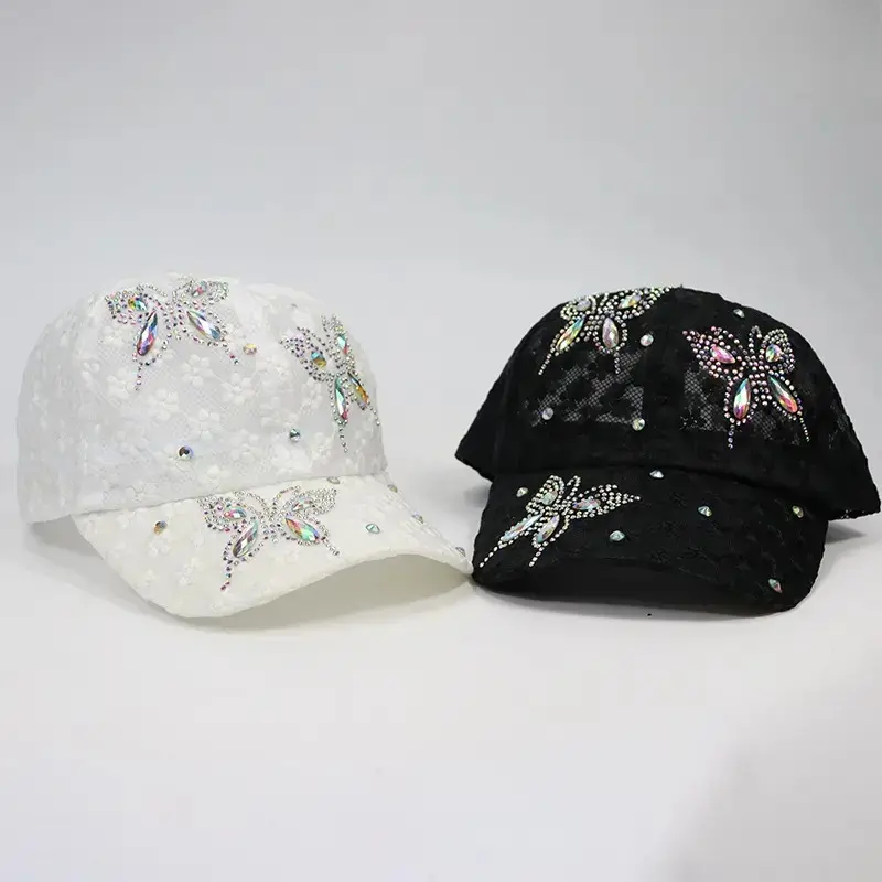 Butterfly Rhinestones Unisex Adjustable Mesh Breathable Sun Cap, Trendy Trucker Style Statement Tennis Hat for Women Men, Y2K Bling Snapback Baseball Golf Headwear, Summer Outdoor Sports Running Activities