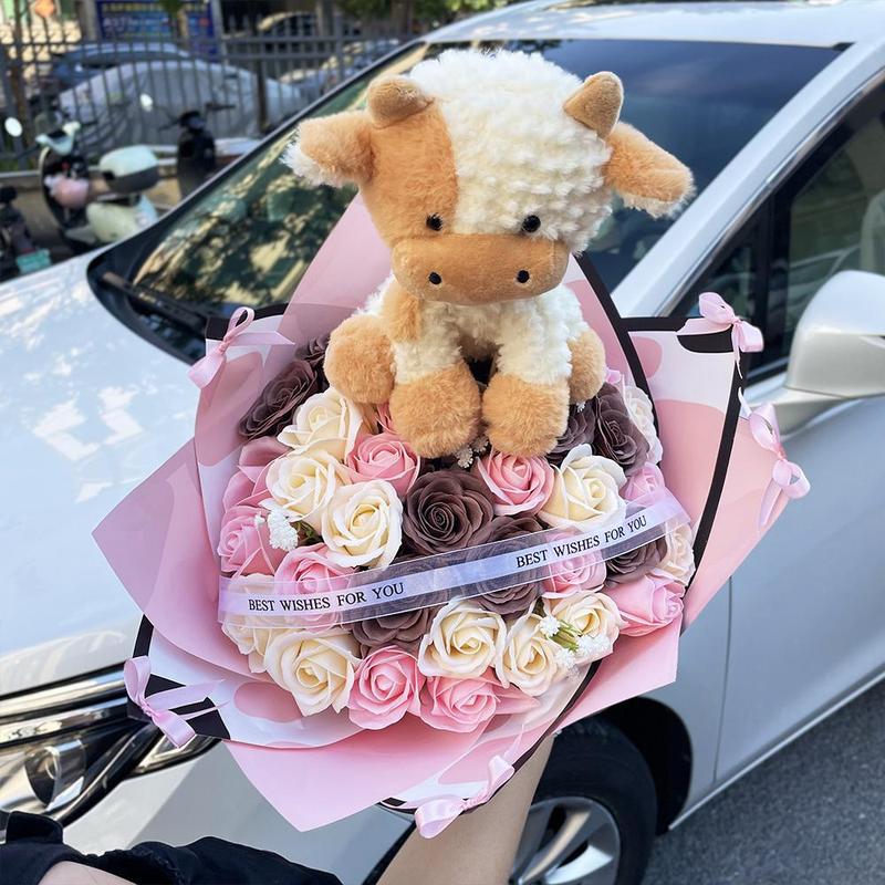 34 DIY Rose Artificial Flowers Cow Plush Doll Bouquet, Unique Handmade Gift for Special Occasions, Beautiful Decorative Floral Arrangement, Flower Arrangements