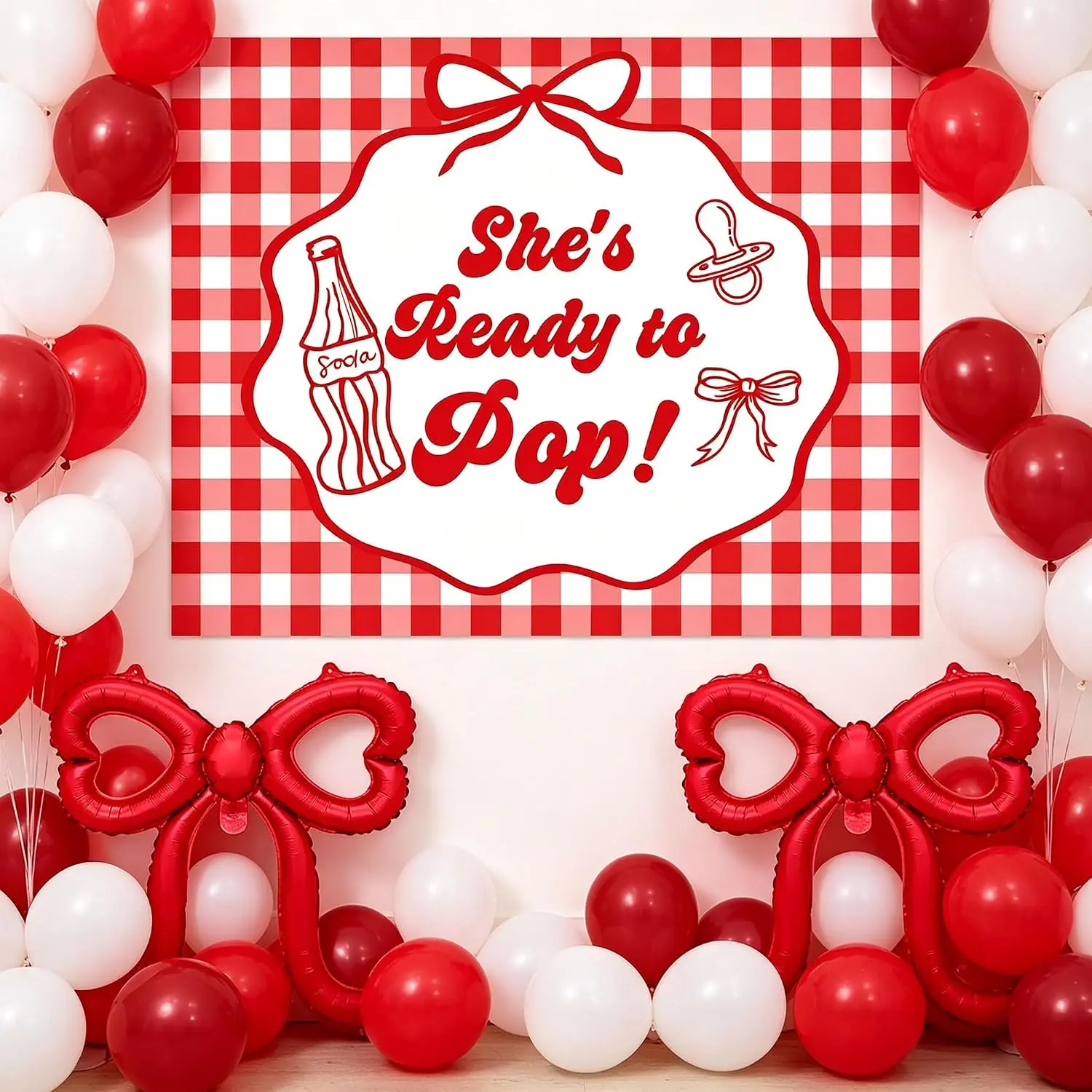 Shes Ready to Pop Baby Shower Decor Retro Soda Backdrop Red Bows Balloons | Soda Bar Gender Reveal Party Supplies Shes Ready to Pop Baby Shower Decor Retro Soda Backdrop Red Bows Balloons